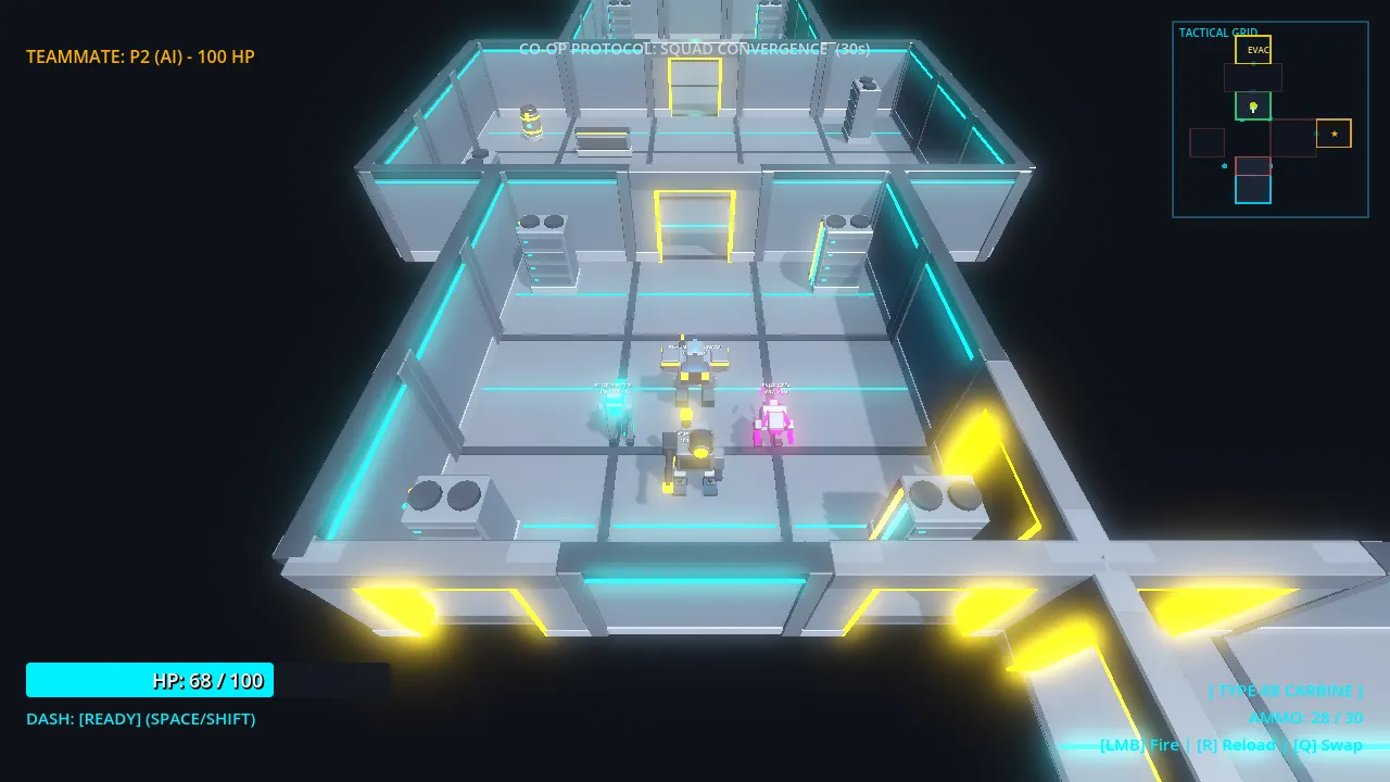 Gemini Flash M5 four-player squad in a lit room with tactical grid