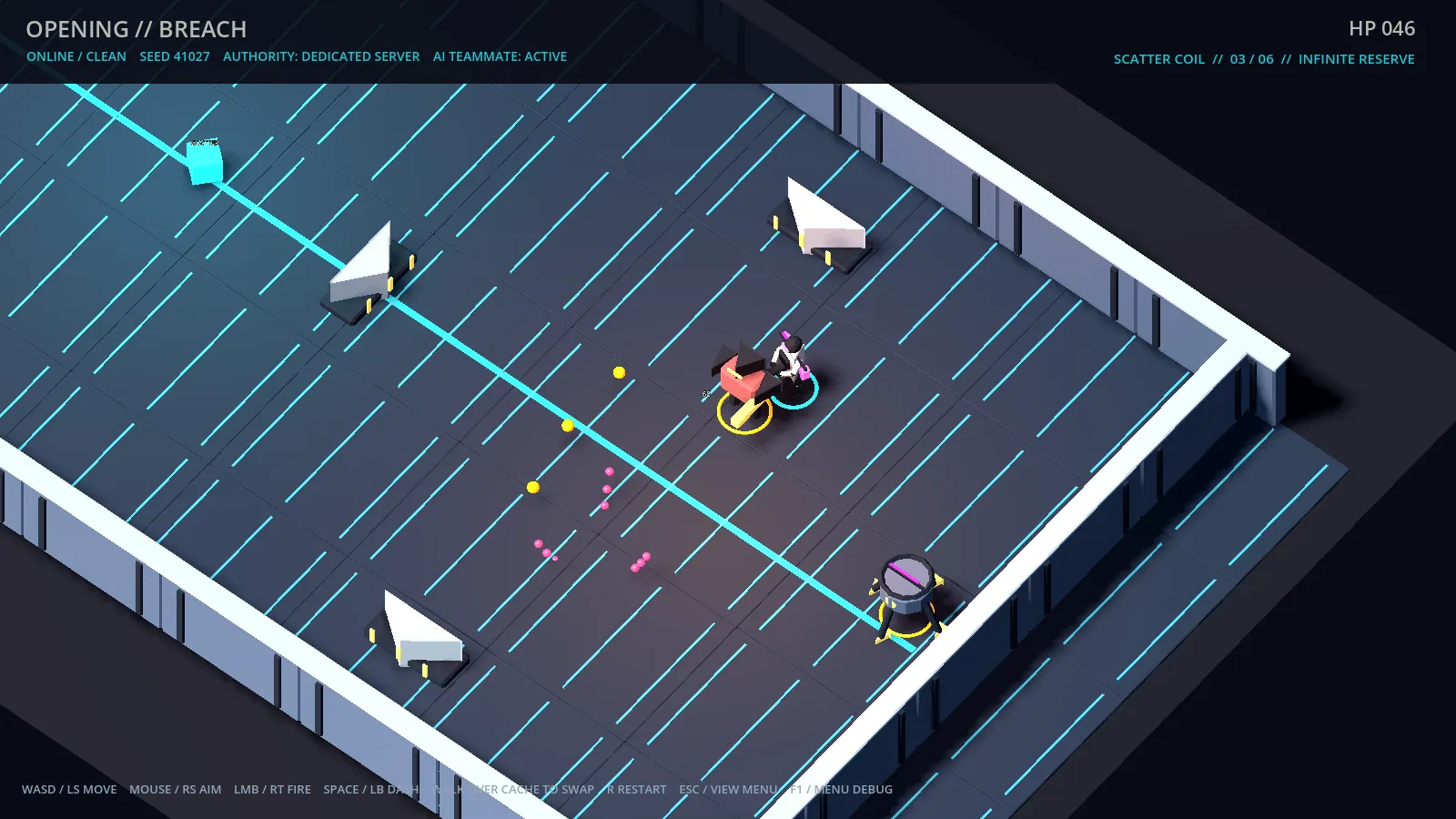 Sol M3 arena with enemies and projectiles