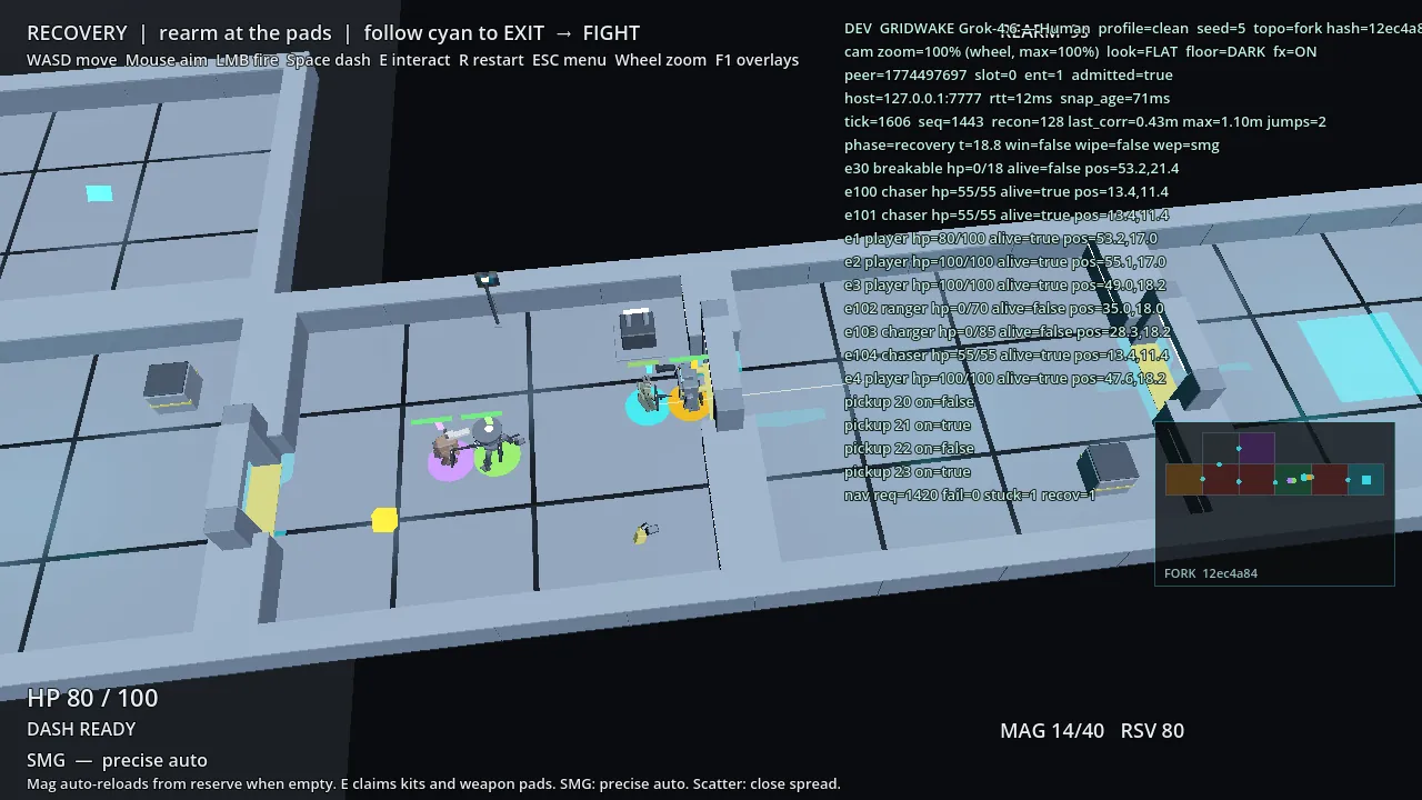 Grok M5 four-player passage with developer overlay