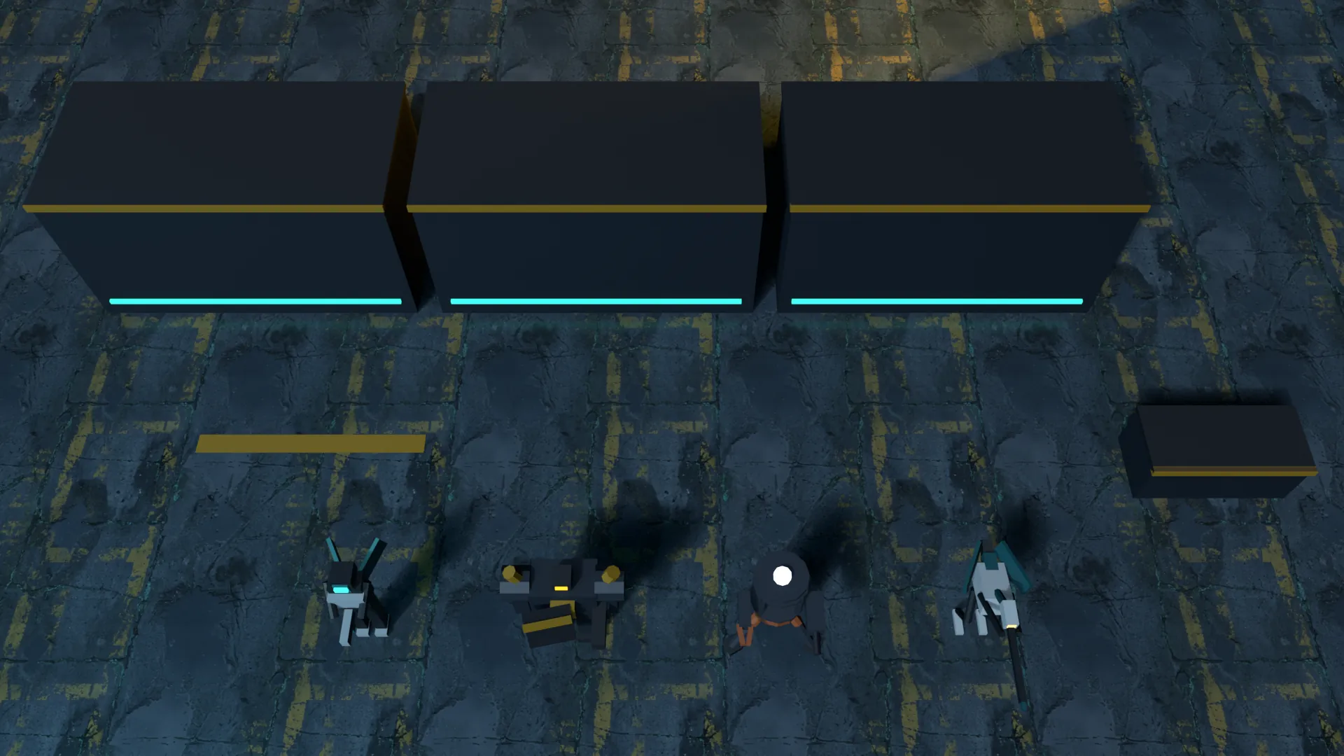 Opus M0: four characters on textured harbor ground