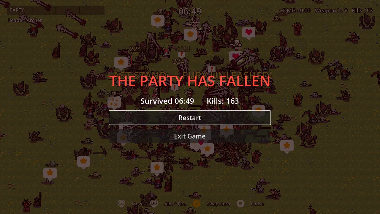 Fable Squad: THE PARTY HAS FALLEN, survived 06:49, kills 163, screen buried in enemies
