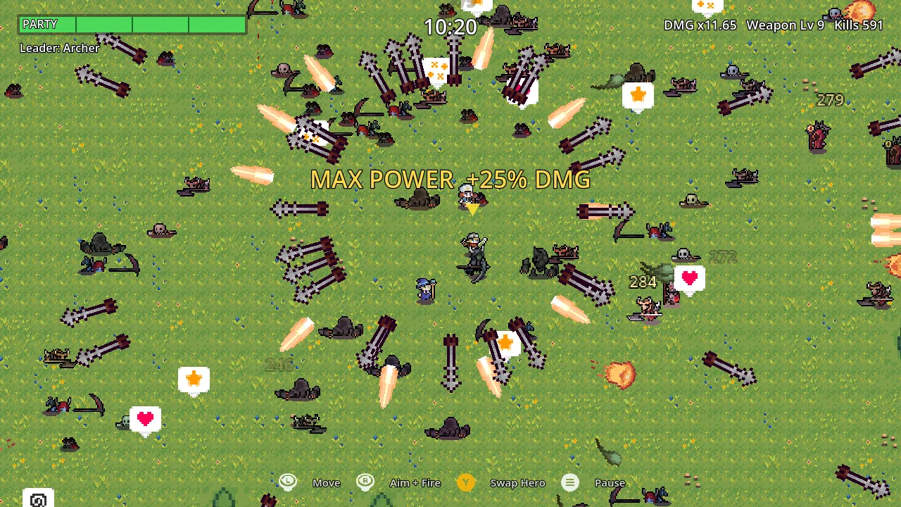 Fable Squad at 10:20: weapon level 9, 591 kills, a radial storm of arrows and a MAX POWER toast