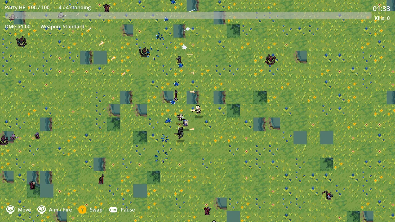 Squad Survivor: party of four firing arrows and spells across a grass field at 1:33, kills 0