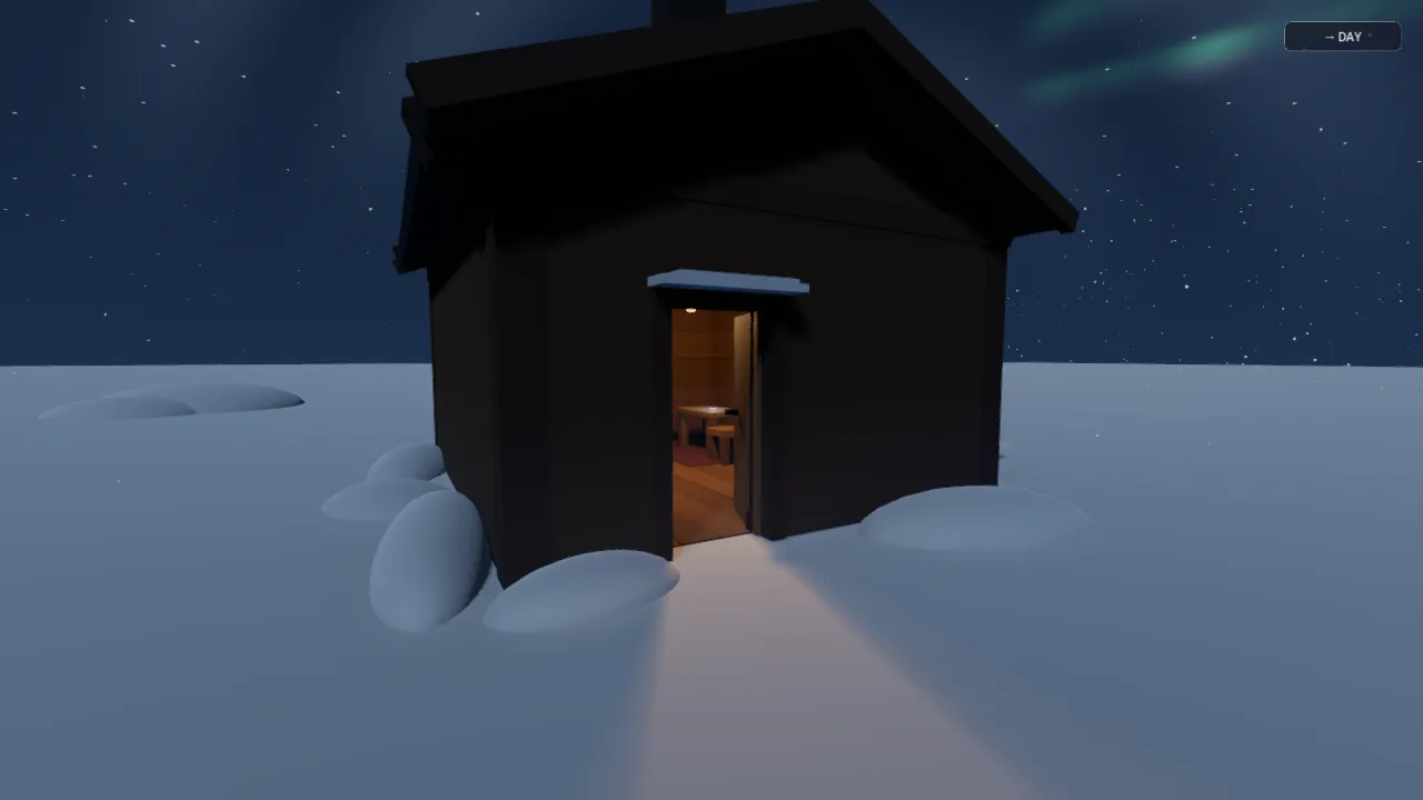 HEARTHLIGHT: open cabin door casting amber light onto blue snow, aurora above