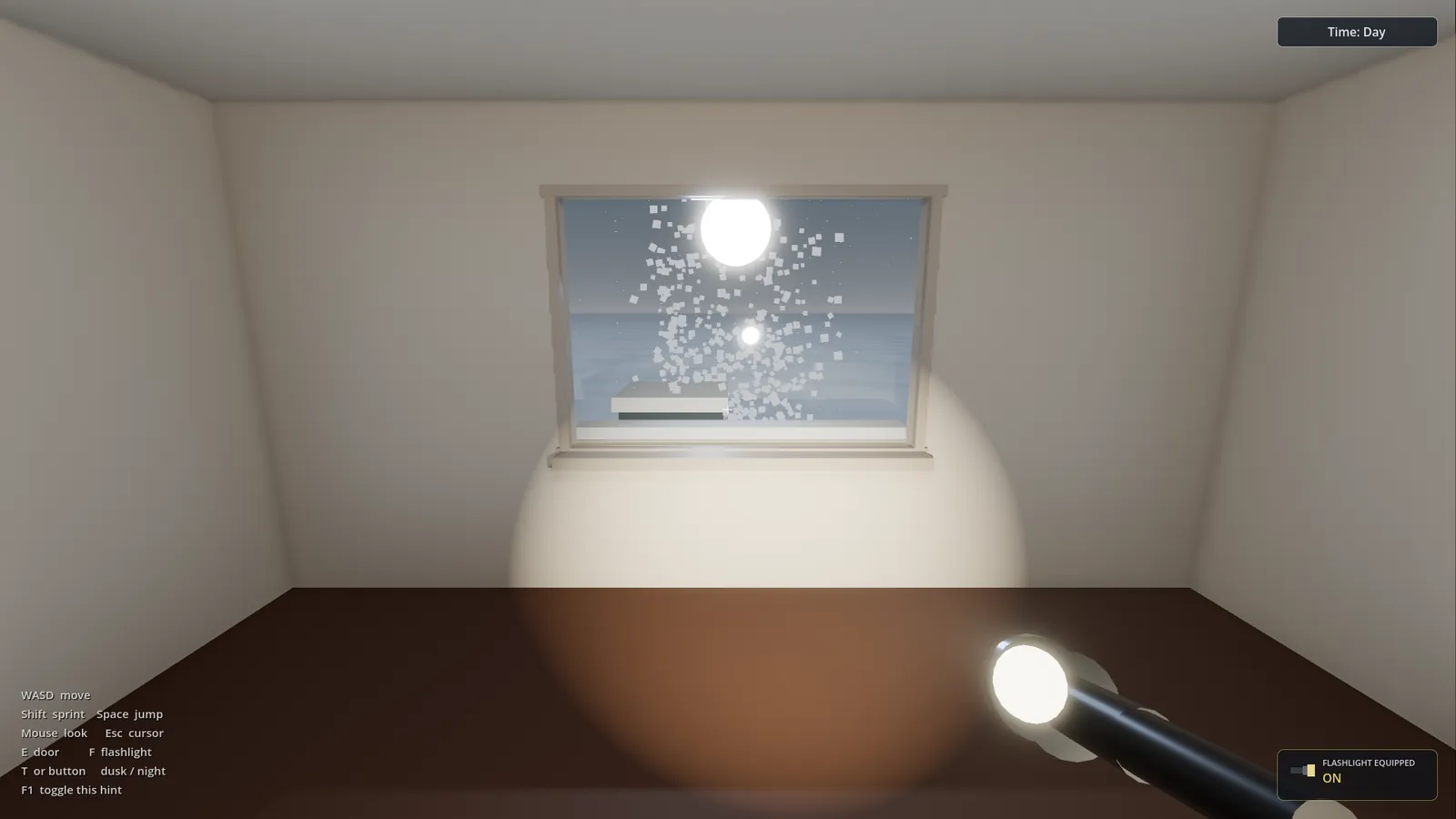 Grok Round 1: white plaster room, window with big square snowflakes, two bright light orbs, huge flashlight bloom