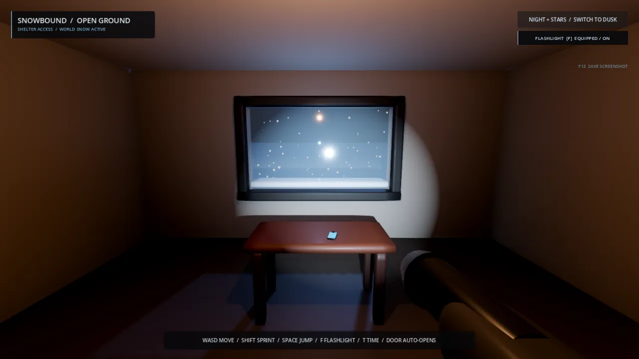 Sol-High Round 1: interior at night, flashlight on, stars and moon through window
