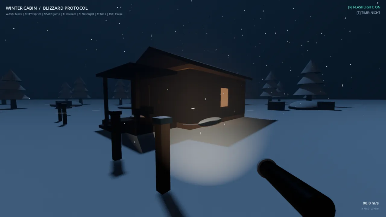 BLIZZARD PROTOCOL: cabin with porch, low-poly pines, fence posts, flashlight beam on snow