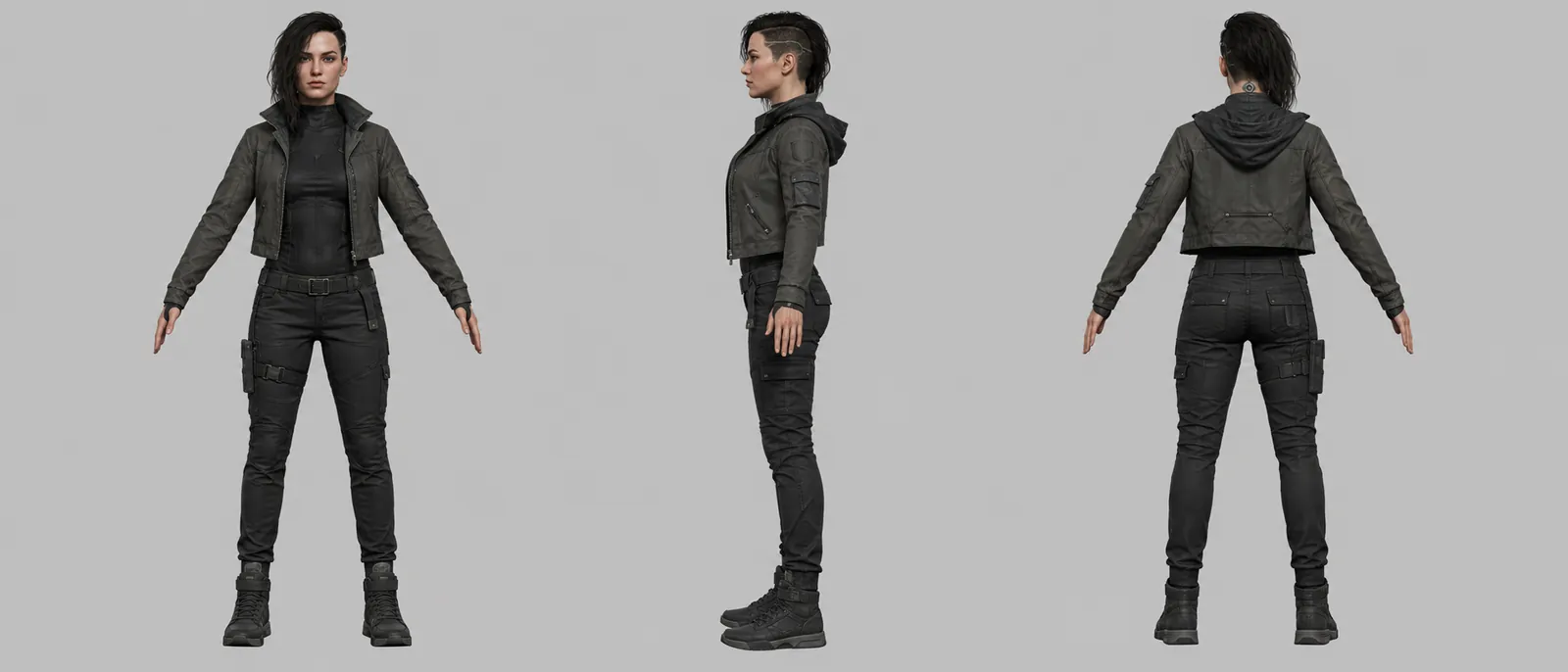 Three-view photoreal character sheet: front, side and back of a woman in a cropped jacket