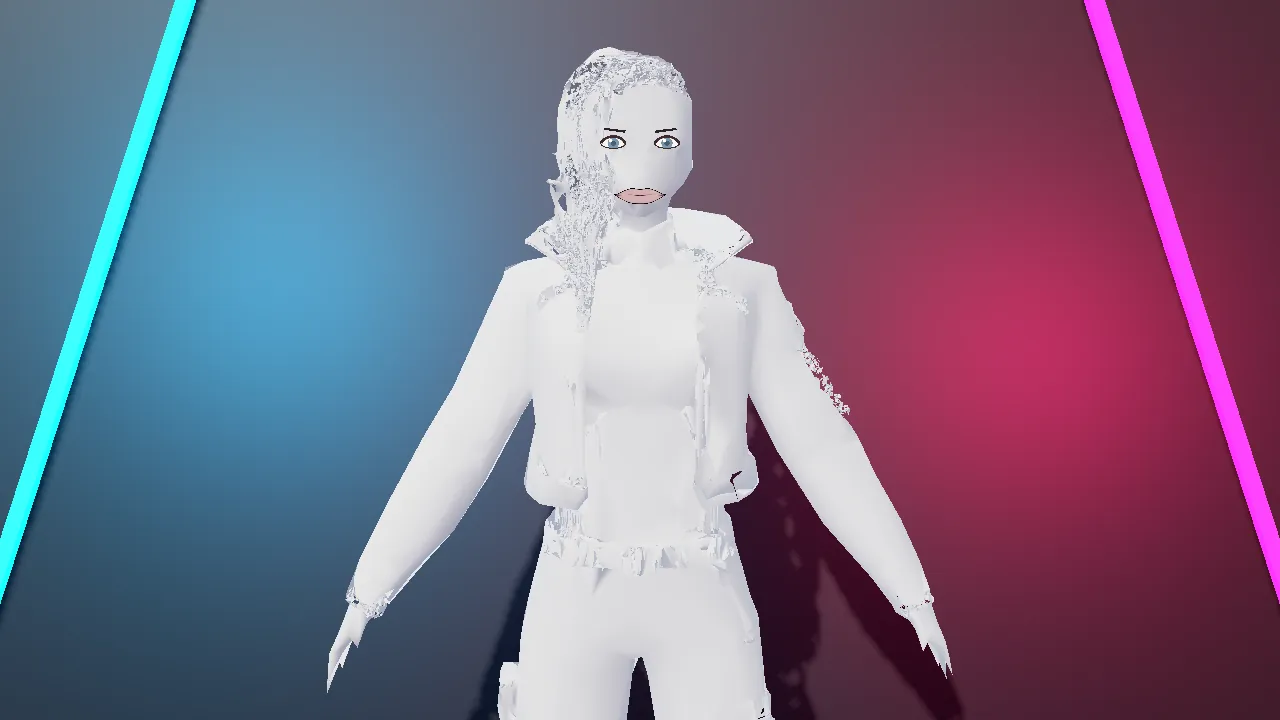 White clay render: body reads cleanly, hair and edges fragmented