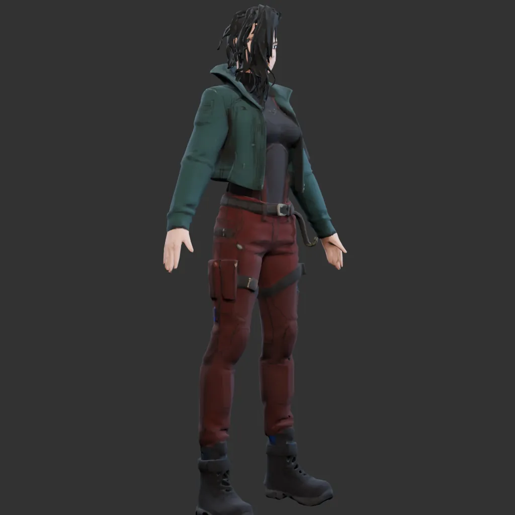 Accepted Direct-1024 mesh, three-quarter view: teal jacket, burgundy trousers, stringy hair