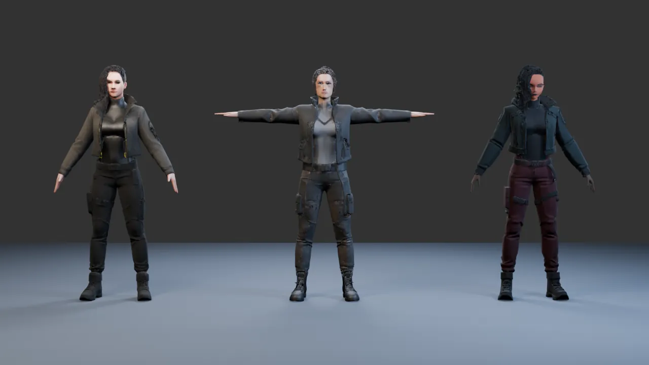 Blender render of three TRELLIS meshes: A-pose, T-pose and anime versions, all darker than the sheets
