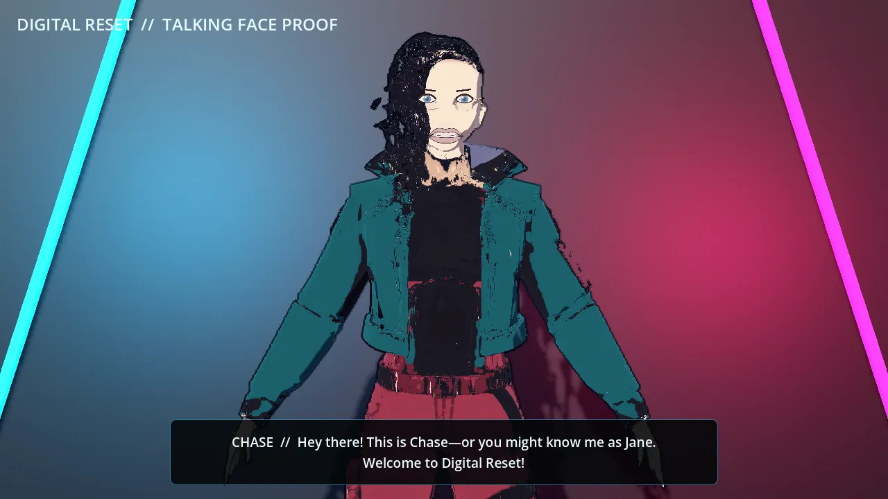 Toon-shaded character on neon background with black speckle across jacket and hair