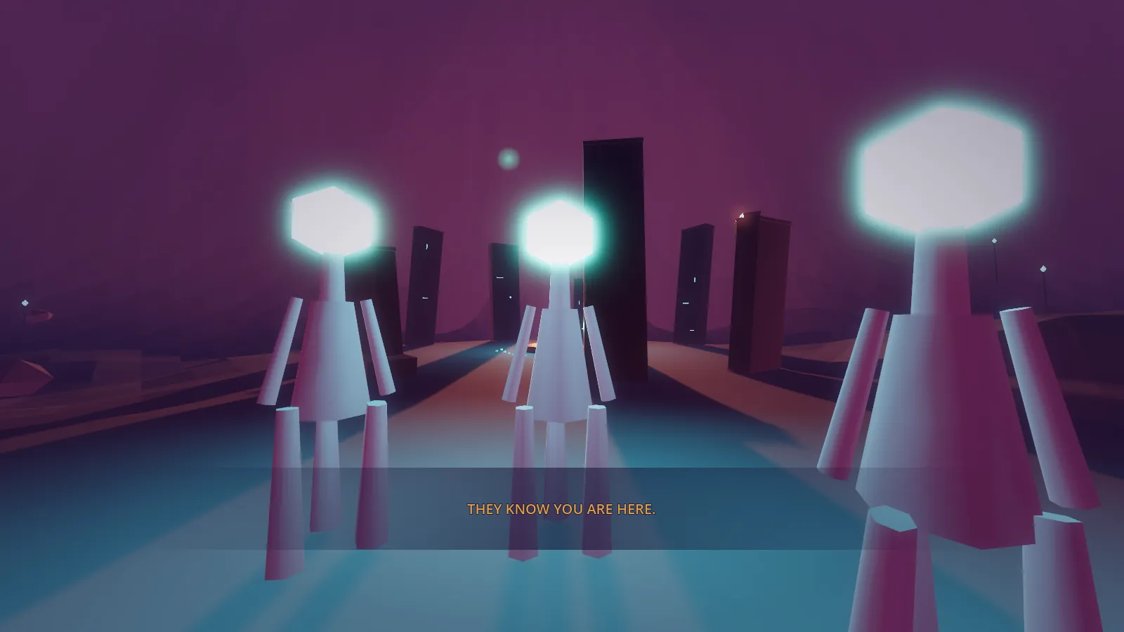 The Violet Hour: three tall aliens with glowing lantern heads, subtitle THEY KNOW YOU ARE HERE