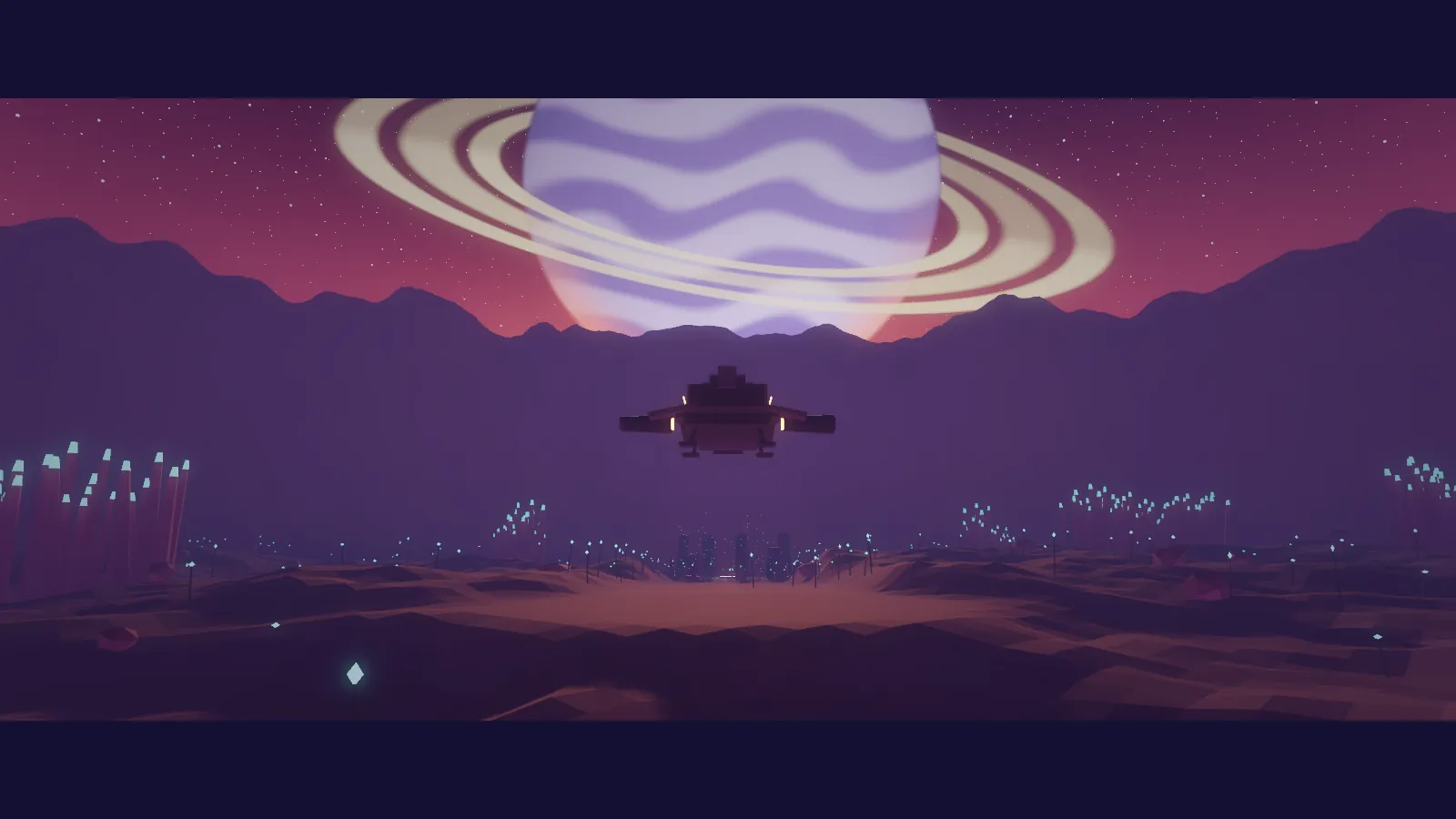 The Violet Hour: shuttle descending under a cream-and-lavender ringed gas giant, cyan reeds on a purple plain