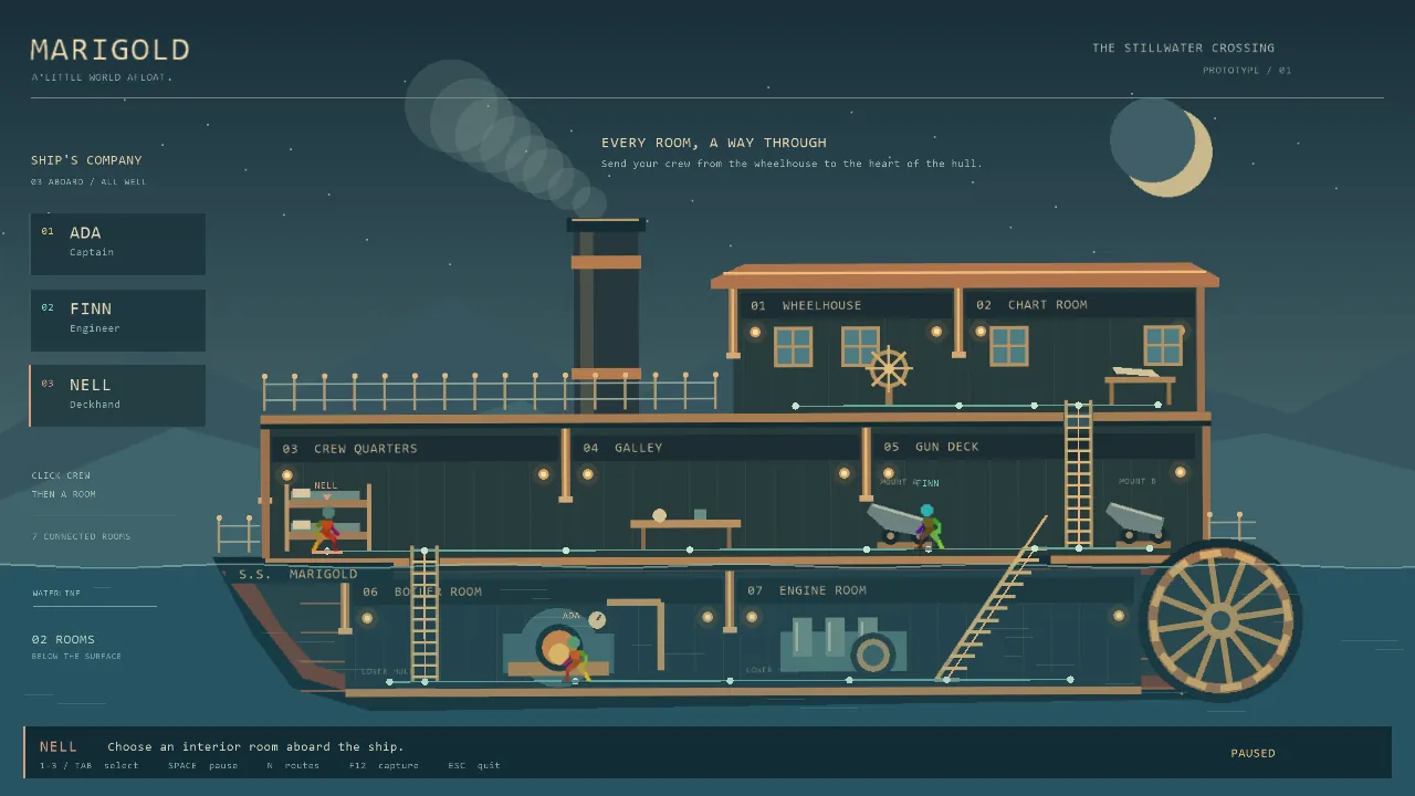Marigold in Godot: seven labelled rooms with ladders, crew and route lines at night