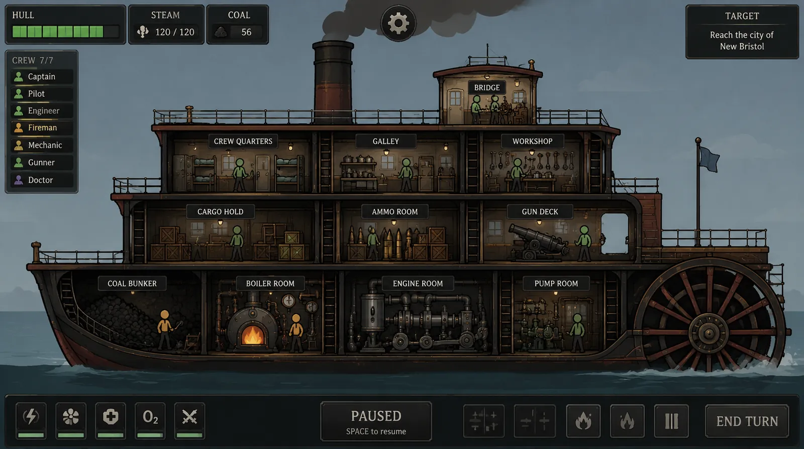 Concept art: cutaway paddle steamer with labelled rooms including bridge, galley, gun deck, boiler room and engine room; crew list and resource gauges