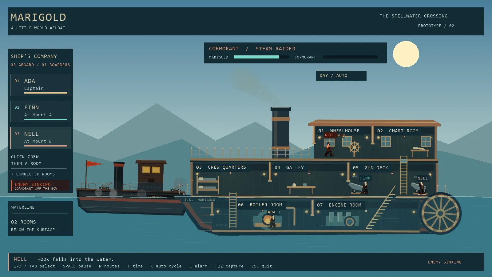 S.S. Marigold by day with the Cormorant steam raider alongside, ENEMY SINKING, a red boarder in the wheelhouse