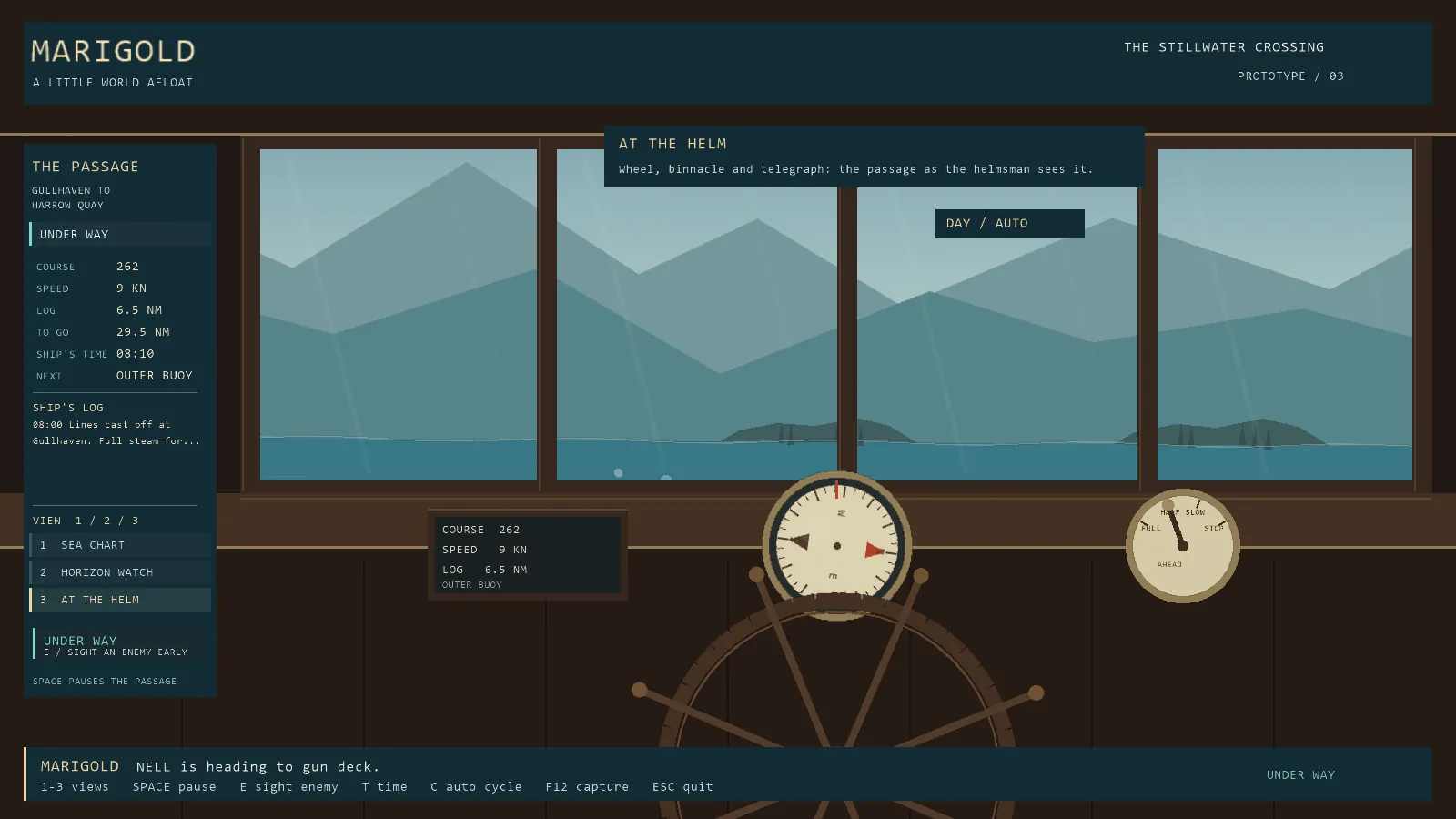Marigold at the helm: wheel, compass binnacle, engine telegraph, passage log