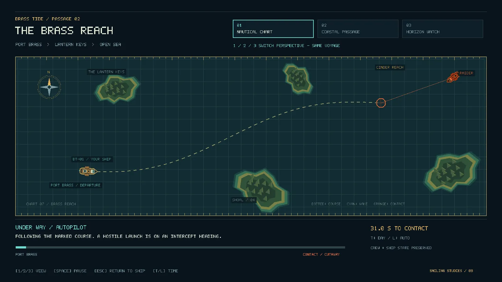 Brass Tide nautical chart: islands, dotted course and a raider intercept