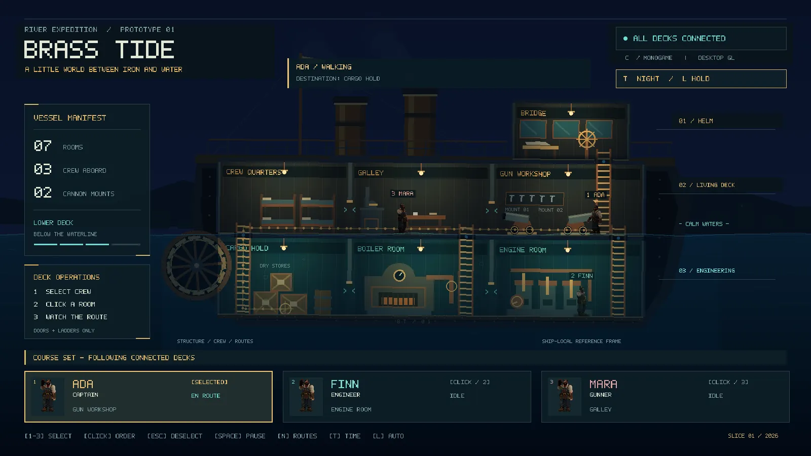 Brass Tide at night: cutaway with 3D-model crew, vessel manifest and crew cards