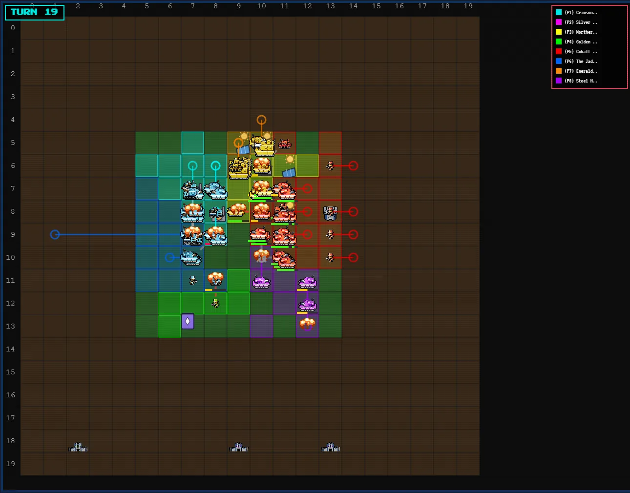 An AI War match in progress: model-controlled armies on a grid map.