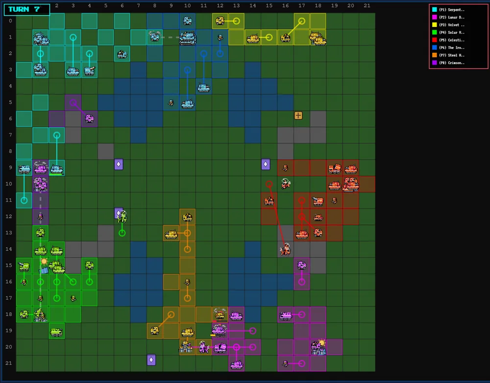 Turn 7: a Grok fighter jet sits on Claude Sonnet's headquarters at the bottom center of a 22x22 map
