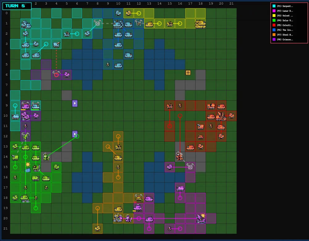 Turn 8: Grok's MLRS has replaced the jet on Claude Sonnet's headquarters tile