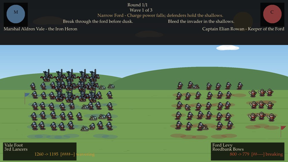 <b>July 12, one battle in three passes.</b> Left: overnight, the same demo battle gets a sky and readable armies. Middle: the standalone BattleMockup that became the visual target. Right: the pixel-font restyle toward it, which is still the viewer's look today.